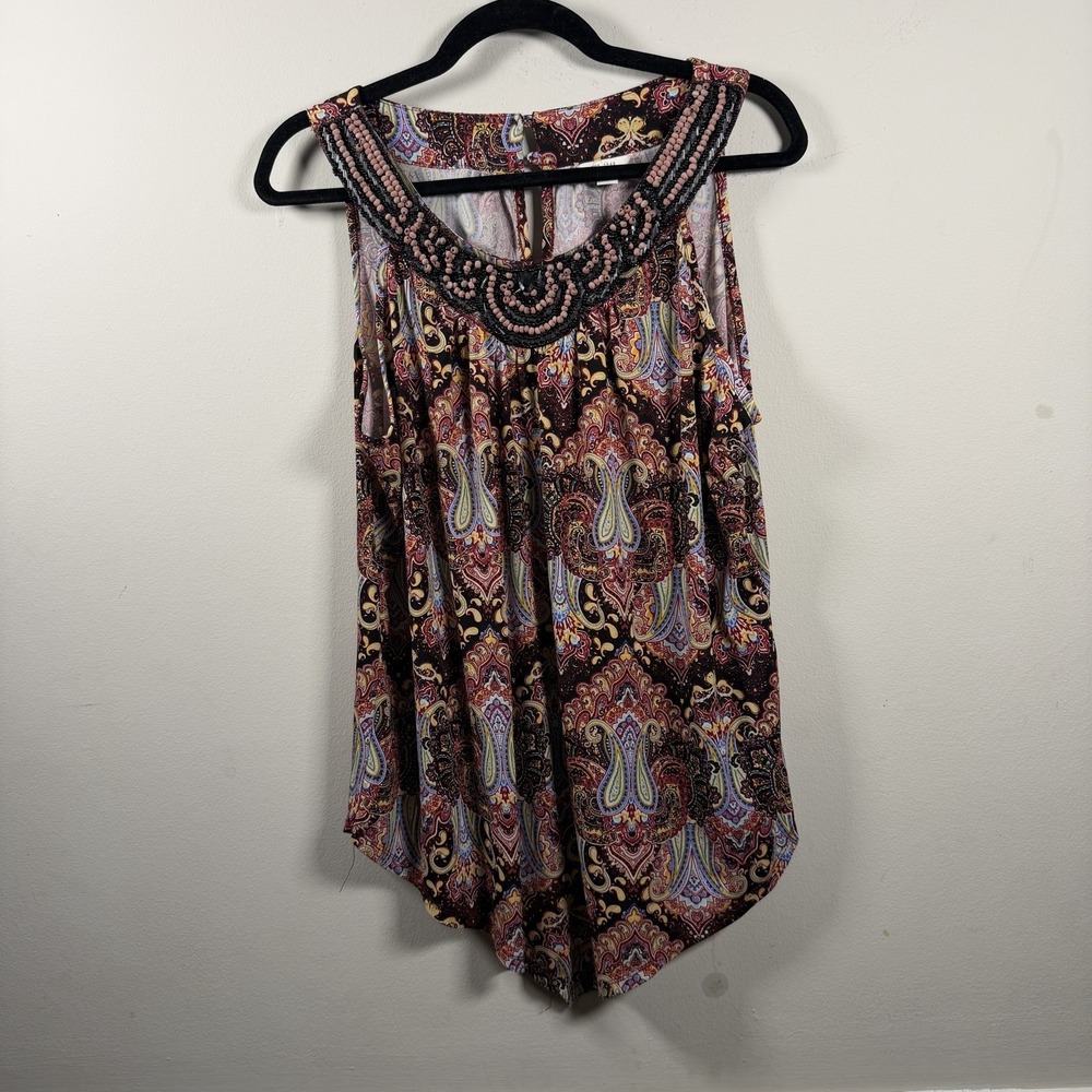 EST. 1946 Women's Floral Sleeveless Beads Neck Halter Large Boho Whimsical Red